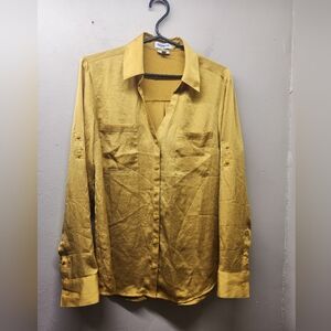 Womens Express Portofino gold shimmer long sleeve button up v-neck shirt xl